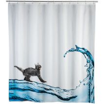 Rideau de douche antimoisissure Cat, rideau de douche original, lavable en machine et waterproof, 12 anneaux rideau de douche en plastique blanc