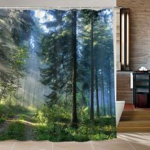 Sunxury - Rideau de Douche de Salle de Bain Rideau de Salle de Bain Forêt Brumeuse avec 12 Crochets, Rideaux de Douche Arbres Soleil Rideau de Bain