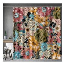 Rideau de douche floral bohème imprimé fleurs multicolores, rideau de douche de style ethnique bohème avec 12 crochets pour accessoires de décoration