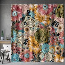 Sunxury - Rideau de douche floral bohème imprimé fleurs multicolores, rideau de douche de style ethnique bohème avec 12 crochets pour accessoires de