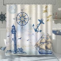 Ggnralny - Nautical Shower Curtain Lighthouse Sailboat Compass Anchor 180 x 200cm Bath Curtain Polyester Fabric Mildew Proof Waterproof Washable