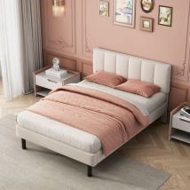 Lit rembourré, 140x190cm,pieds en fer,sommier à lattes, design simple, matelas non fourni, tissu sherpa, beige L&H