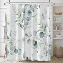 Rideau Douche Eucalyptus, Rideau de Douche Feuilles Vert Fleuri Blanc Rideau de Baignoire Anti Moisissure Imperméable Tissu Polyester Lavable Rideau