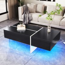 Table basse brillante, structure colorblock noir et blanc, meuble de salon, 100x50x34,5cm, avec système d'éclairage led contrôlé par application l&h