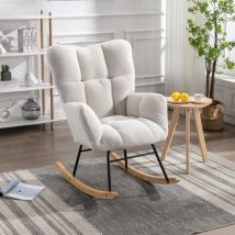 Mid Century Modern Teddy Fabric Tufted Upholstered Rocking Chair Padded Seat For Living Room Bedroom, White L&H