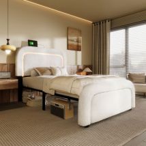 Cadre de lit avec fonction de recharge USB Type C Eclairage LED, 90x200cm,Lit simple Lit rembourré Tête de lit réglable en hauteur, Sommier à lattes