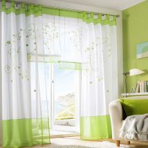 Rideaux Voilages Floral Voile Broderie a Pattes Panneaux de Fenêtres pour Chambre Salon Décoration 2 Panneaux, Vert, L140cm x H225cm