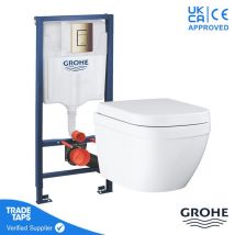 Euro Rimless Wall Hung Toilet wc Pan with 1.13m Concealed Cistern Dual Flush Frame - Brushed Cool Sunrise - Grohe