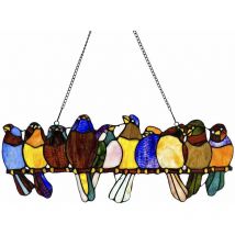 Coavas - River of Goods Stained Glass Window Panel with Birds on a Wire, 9.5' Tall, Multicolor