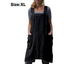 Feiyue - Robe chasuble ample en coton et lin pour femme, grande taille, tablier carré croisé, pour le jardinage et le travail, avec grande poche