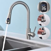 Robinet Cuisine Avec Affichage led Température,Mitigeur Cuisine Avec Douchette Pivotant à 360° d'Évier à Arc Élevé Pulvérisateur Escamotable 2 Modes,