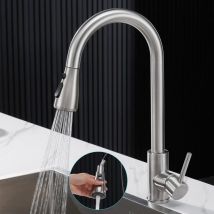 Robinet Cuisine avec Douchette Extractible, Mitigeur Cuisine Acier Inoxydable 304, Haut Bec Robinetterie Evier Rotatif à 360° en 3 Modes de Réglage,