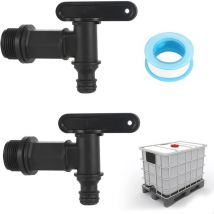 Kunststoff-Tankhahn, 2er-Pack Regenwassertankhahn mit PTFE-Band, 3/4-Zoll-IBC-Ablasshahn, Kunststoff-Ersatzhahn für Regenwassertank