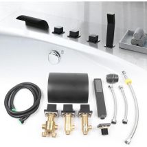 Senderpick - Robinet de baignoire Wasserfall Schwarz Badewannenrand 5-Loch Badewannenrand Wasserhahn Regenbrause Handbrause Set Bad Dusche