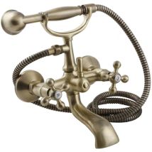 Robinet Mural En Laiton Antique Rétro Stilo – Mitigeur À Deux Leviers – Bec Fixe 163mm – Cartouche Céramique – Kit Douche Inclus – Kuchinox