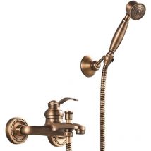 Robinet de bain et douche avec douchette Robinet de baignoire en laiton antique 2 trous 2 poignées, robinet de douche mural Robinet de salle de bain