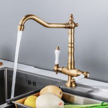 Robinet de cuisine antique pivotant à 360° - Robinet d'évier à deux poignées - Mélangeur nostalgique - Mitigeur haute pression - Bec haut en laiton
