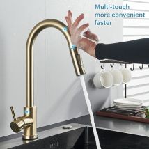 Suguword - Robinet De Cuisine À Capteur Tactile Robinet De Cuisine Extractible Avec Double Douchette Robinet Or Brossé Pivotant À 360 Degrés