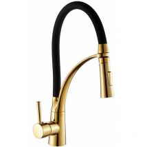 Robinet de cuisine extensible doré et noir avec douchette extractible - Mitigeur monocommande pivotant à 360° en laiton