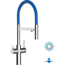 Robinet de Cuisine Mitigeur 4 Voies chromé pour système de carbonatation et filtration/purification d'eau bec bleu orientable et douchette 2 jets