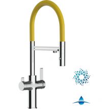 Robinet de Cuisine Mitigeur 4 Voies chromé pour système de carbonatation et filtration/purification d'eau bec jaune orientable et douchette 2 jets
