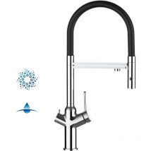 Robinet de Cuisine Mitigeur 4 Voies chrome pour système de carbonatation et filtration/purification d'eau bec noir orientable et douchette 2 jets