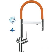 Robinet de Cuisine Mitigeur 4 Voies chrome pour système de carbonatation et filtration/purification d'eau bec orange orientable et douchette 2 jets