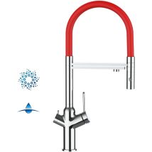 Robinet de Cuisine Mitigeur 4 Voies chrome pour système de carbonatation et filtration/purification d'eau bec rouge orientable et douchette 2 jets