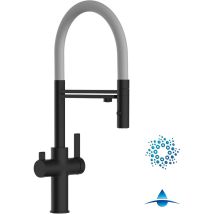 Robinet de Cuisine Mitigeur 4 Voies noir mat pour système de carbonatation et filtration/purification d'eau bec gris orientable et douchette 2 jets