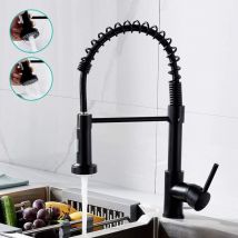 Robinet d'évier de cuisine avec douche à ressort en spirale Mode de pulvérisation double rotatif à 360 ° avec tuyaux (noir)