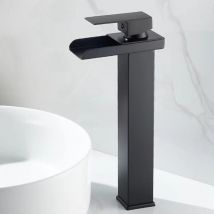 Robinet mitigeur de lavabo cascade noir, robinet de lavabo en acier inoxydable avec bec cascade, robinet mitigeur de lavabo monotrou à poignée