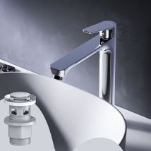 Haut Mitiguer Lavabo avec bonde clic clac pour lavabo Robinet Salle Bain Chrome Robinet de Lavabo pour Salle de Bain Mélangeur Lavabo en Laiton