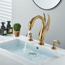 Suguword - Robinet d'évier de salle de bains Or poli en forme de cygne 3 trous Robinet de lavabo 2 poignées Robinet mitigeur de cuvette Robinet