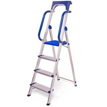 Hoström - Robusta escalera de mano de 4 peldaños con barandillas de seguridad escalera de aluminio reforzada, estante para herramientas extraíble