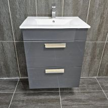 Roca - Debba 600mm Wall Hung Vanity Unit Anthracite Grey Gloss with Ceramic Basin, With Tap