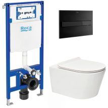 Roca Pack WC Bâti support Roca Duplo One + Cuvette sans bride SAT + plaque de déclenchement, Noir (RocaActiveRBrevis-3)