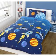 Argofield - Rocket Duvet Quilt Cover Single Bed Outer Space Ship Stars Ufo Bedding Set Blue
