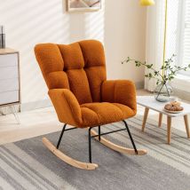 Rocking Chair Mid Century Modern Teddy Fabric Tufted Upholstered Padded Seat For Living Room Bedroom,Caramel