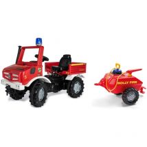 Rolly Toys Fire Unimog Fire Department Edition 2020 con remolque (coche de pedales 3 - 8 años, jeringa, luz intermitente, palanca de cambios, freno)