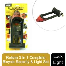 Rolson - 3 in 1 Complete Bicycle Security Lock & Light Set With Bracket + Batteries