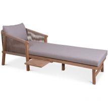 Roma Sun Lounger with Pullout Side Tray & Beige Coloured Back and Seat Cushion - Acacia Hardwood - L68 x W194 x H69 cm - Light Teak