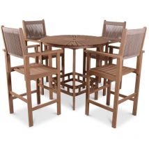 Roma Table with 4 Seater Rope Armchairs Bar Set - Acacia Hardwood - Light Teak