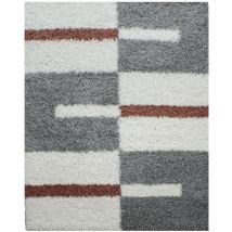 Tapis Salon Chambre Shaggy Motifs Géométrique - ROMA (Gris et Terracotta - 280x370cm)