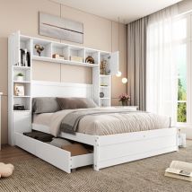 Roomfitters - Lit Double, modèle haut avec 2 dispositifs anti-bascule, design plat avec plusieurs rangements, lit à panneaux avec 4 tiroirs, support