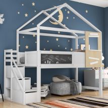 Lit Maison, Lit pour Enfants avec Escalier et Fenêtre, Sommier Inclus, Escalier avec 3 Tiroirs, Blanc (200x90 cm) - Roomfitters