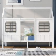 Roomfitters Lit Maison, Lit Simple, Lit de Jour, Lit pour Enfants avec 2 Fenêtres, Cadre en Pin et MDF, Blanc