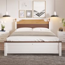 Roomfitters - Lit Double en Bois, Cadre en Pin avec Pied Central, Lit Adulte et Adolescent, Tête et Pied en mdf, Design Colour-Blocking, Blanc