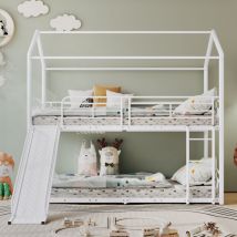 Roomfitters - Lit Superposé avec Escalier et Échelle Droit, Lit Maison avec Toboggan, Lit pour Enfants et Adolescents avec Barrière de Sécurité et