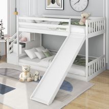 Lit Superposé avec Escalier et Toboggan, Cadre en Bois de Pin Massif, Lit pour Enfants avec 2 Tiroirs dans l'Escalier, Blanc - Roomfitters