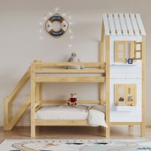 Lit Superposé avec Rampe et Fenêtre, Lit Maison, Lit pour Enfants avec Barrière de Sécurité et Garde-corps, Cadre en Bois, Blanc+Naturel - Roomfitters